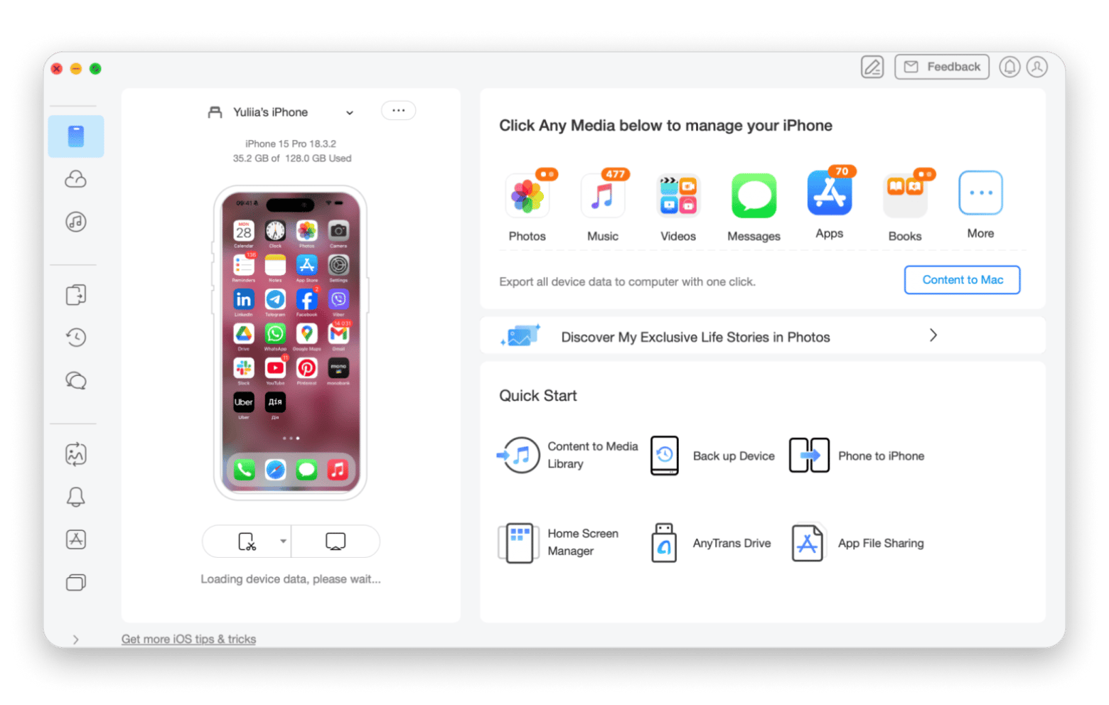 Interfaz de AnyTrans for iOS creando una copia de seguridad completa del iPhone en Mac, disponible en Setapp